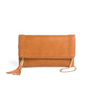 Brown Zip Clutch with Gold Chain